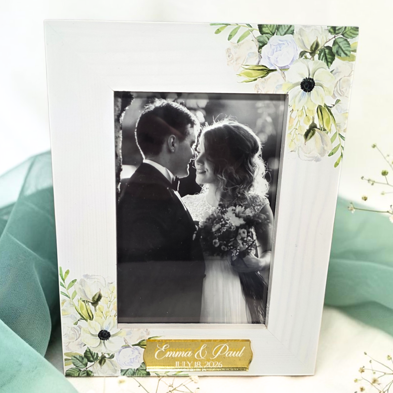 Floral Wedding Wood Photo Frame - Personalized Name Bridal 4x6 Picture Keepsake