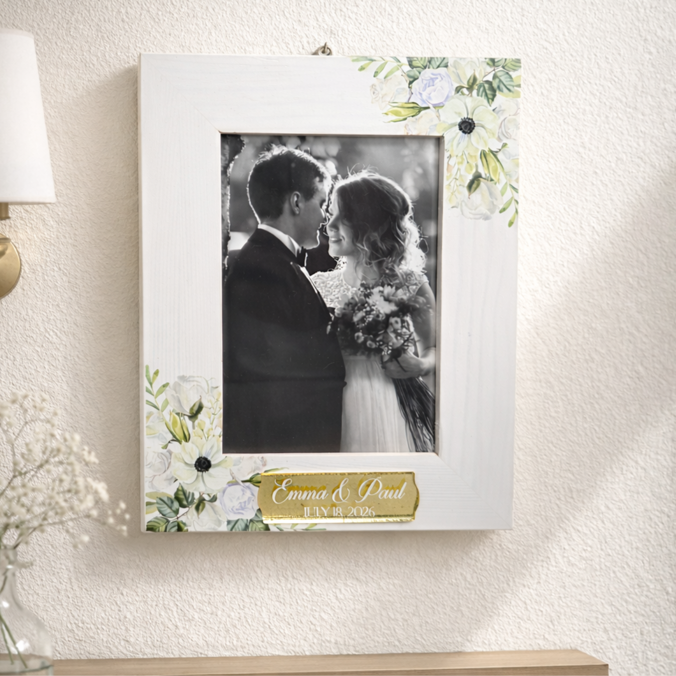 Floral Wedding Wood Photo Frame - Personalized Name Bridal 4x6 Picture Keepsake