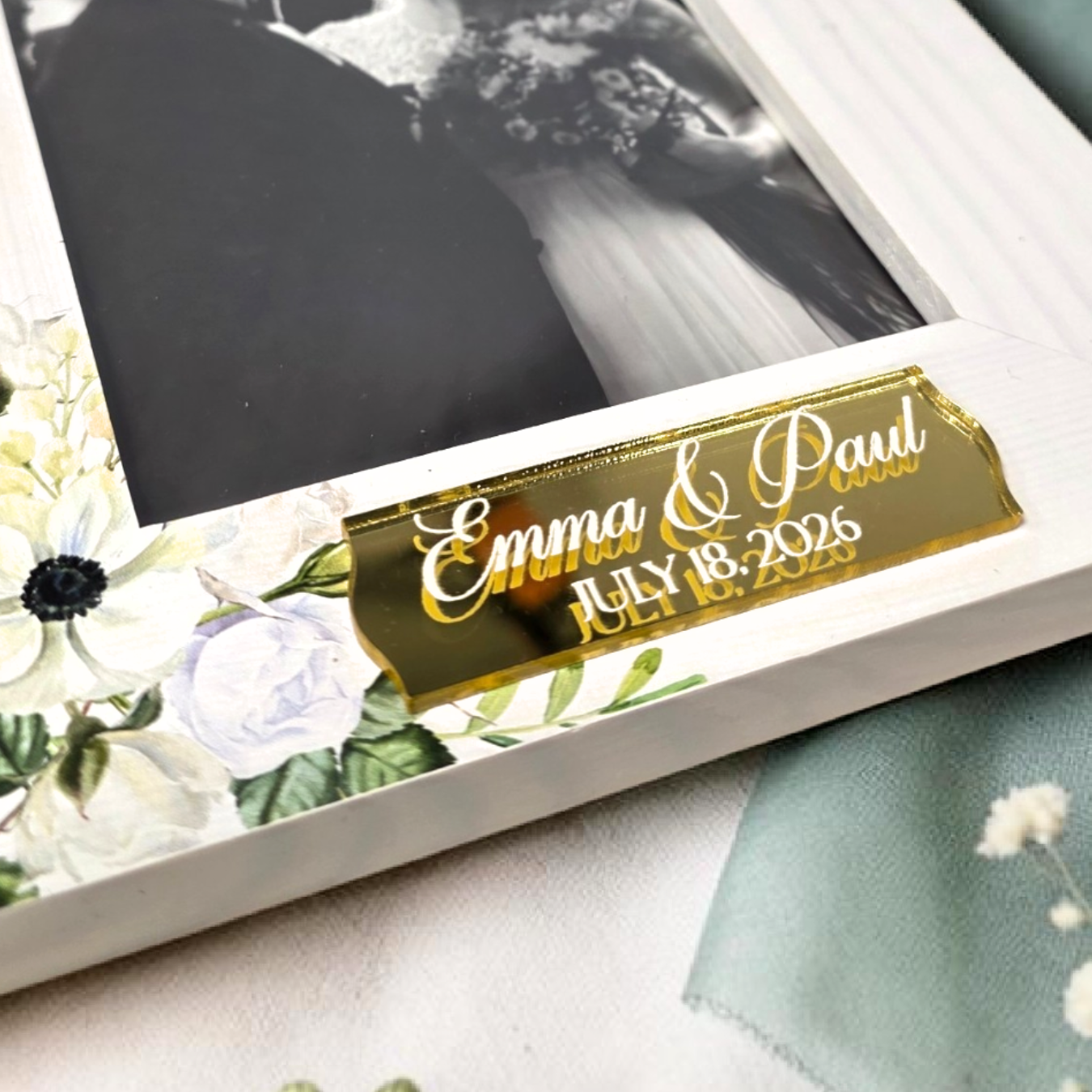 Floral Wedding Wood Photo Frame - Personalized Name Bridal 4x6 Picture Keepsake