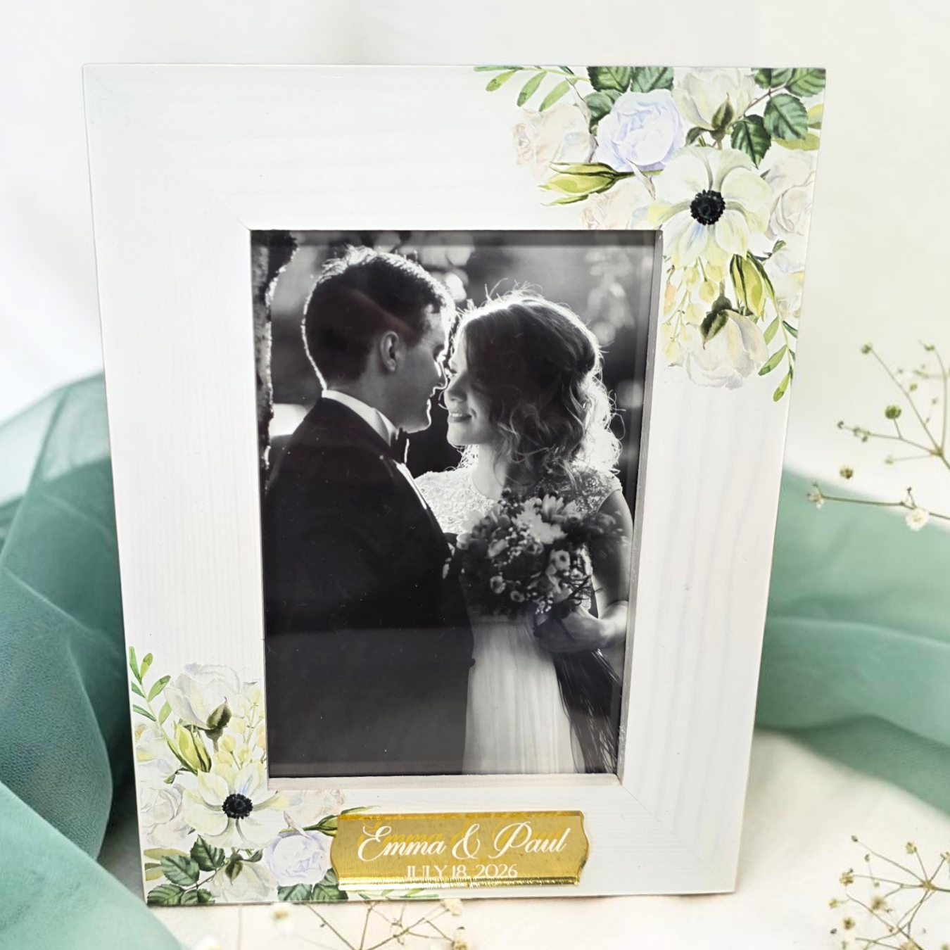 Floral Wedding Wood Photo Frame - Personalized Name Bridal 4x6 Picture Keepsake