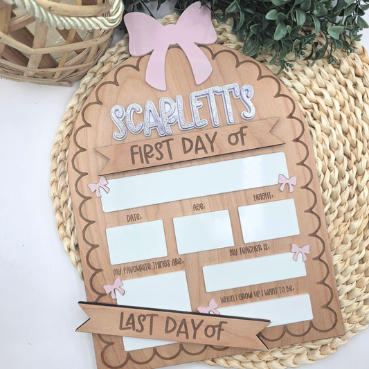 Custom First & Last Day of School Board - Reusable Wood and Acrylic Sign with Bow - Personalized Dry Erase Back-to-School Photo Prop