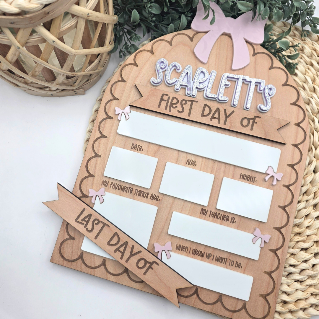 Custom First & Last Day of School Board - Reusable Wood and Acrylic Sign with Bow - Personalized Dry Erase Back-to-School Photo Prop