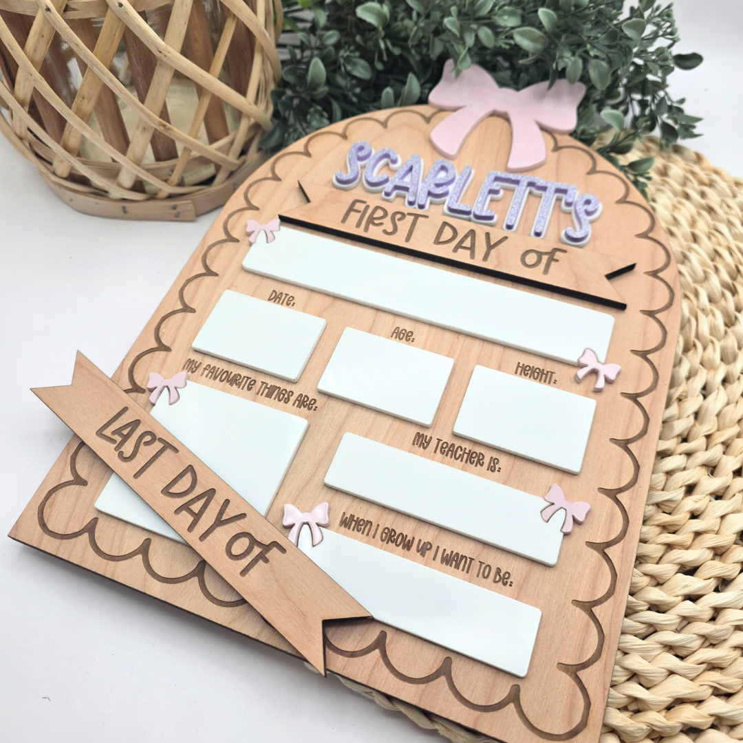 Custom First & Last Day of School Board - Reusable Wood and Acrylic Sign with Bow - Personalized Dry Erase Back-to-School Photo Prop