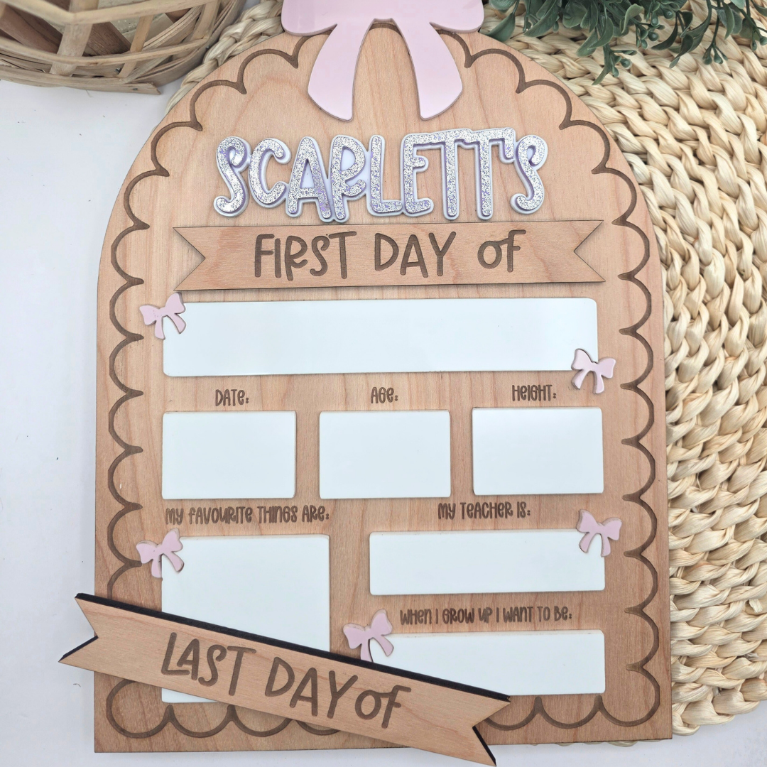 Custom First & Last Day of School Board - Reusable Wood and Acrylic Sign with Bow - Personalized Dry Erase Back-to-School Photo Prop