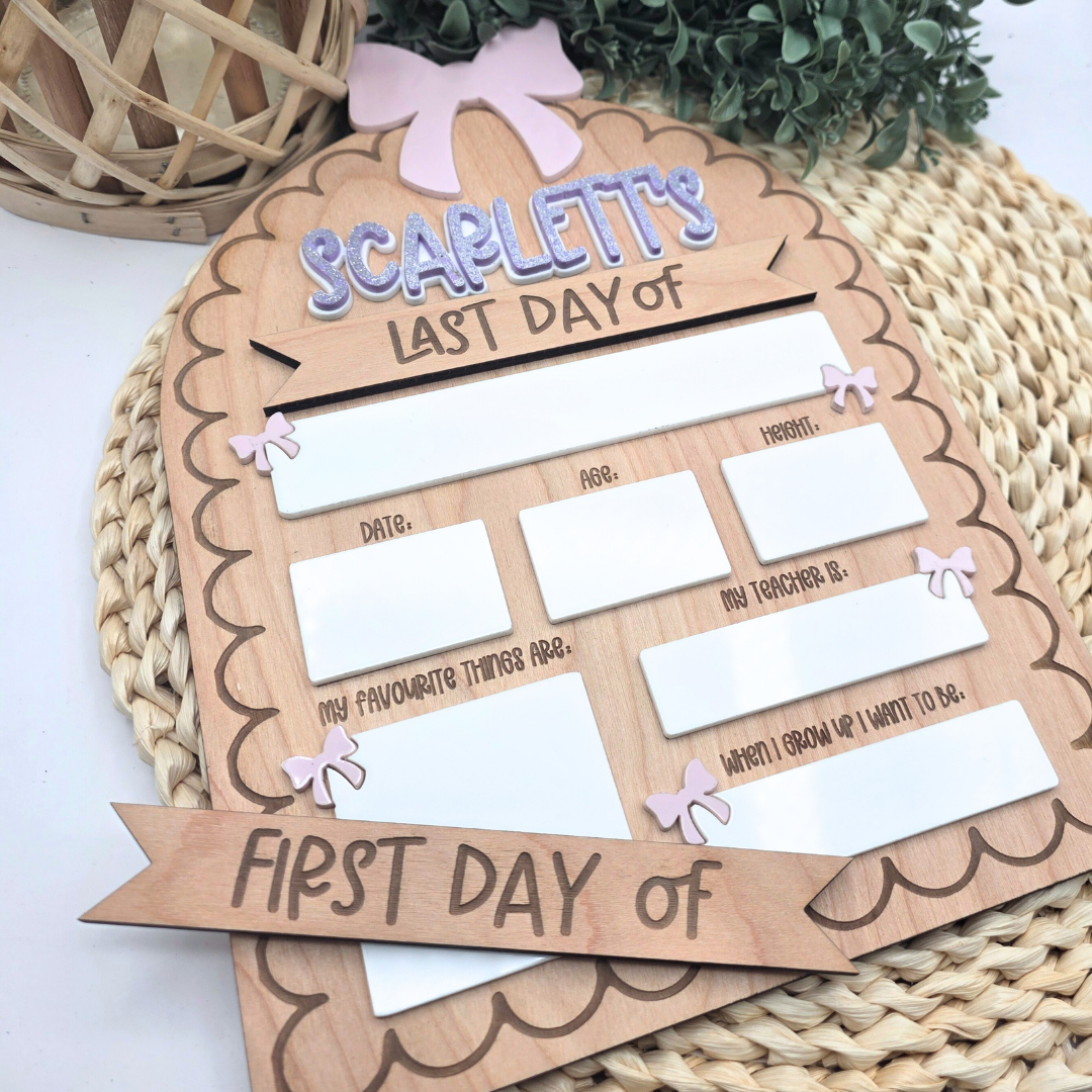 Custom First & Last Day of School Board - Reusable Wood and Acrylic Sign with Bow - Personalized Dry Erase Back-to-School Photo Prop