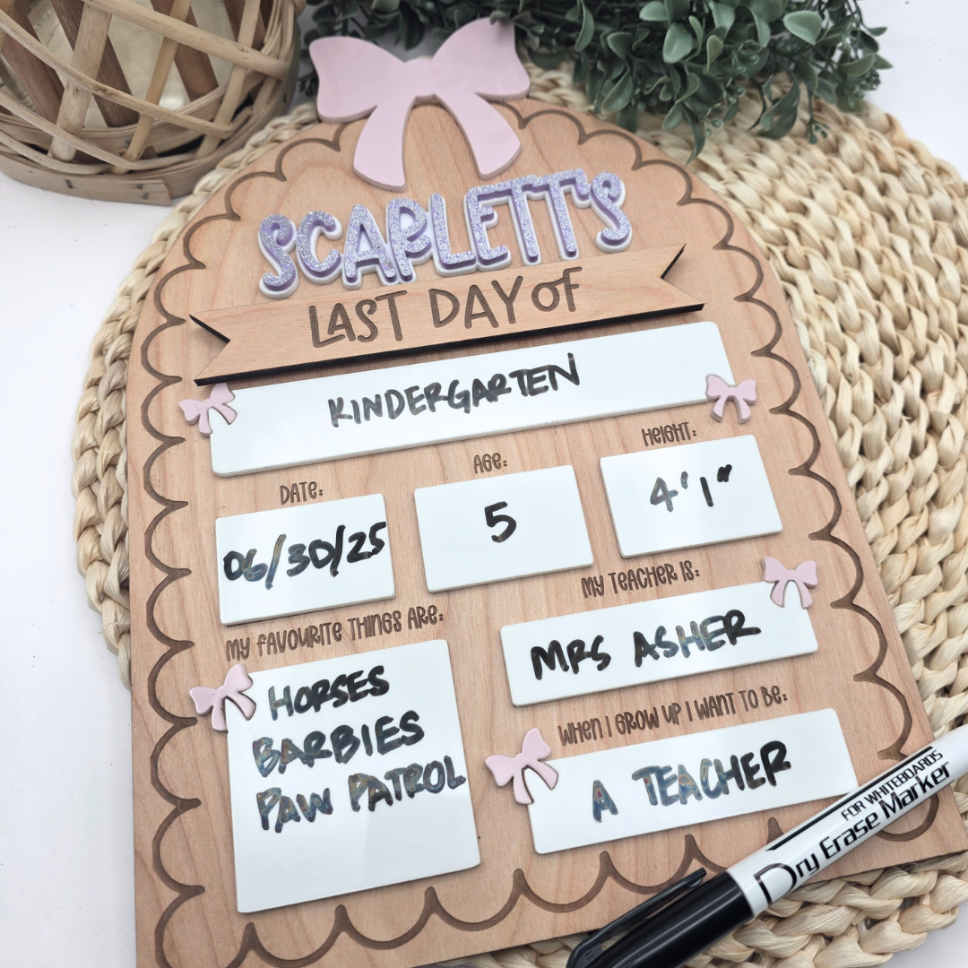 Custom First & Last Day of School Board - Reusable Wood and Acrylic Sign with Bow - Personalized Dry Erase Back-to-School Photo Prop