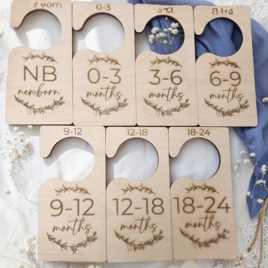 Wood Monthly Baby Closet Dividers Set - Engraved Floral Nursery Organizer