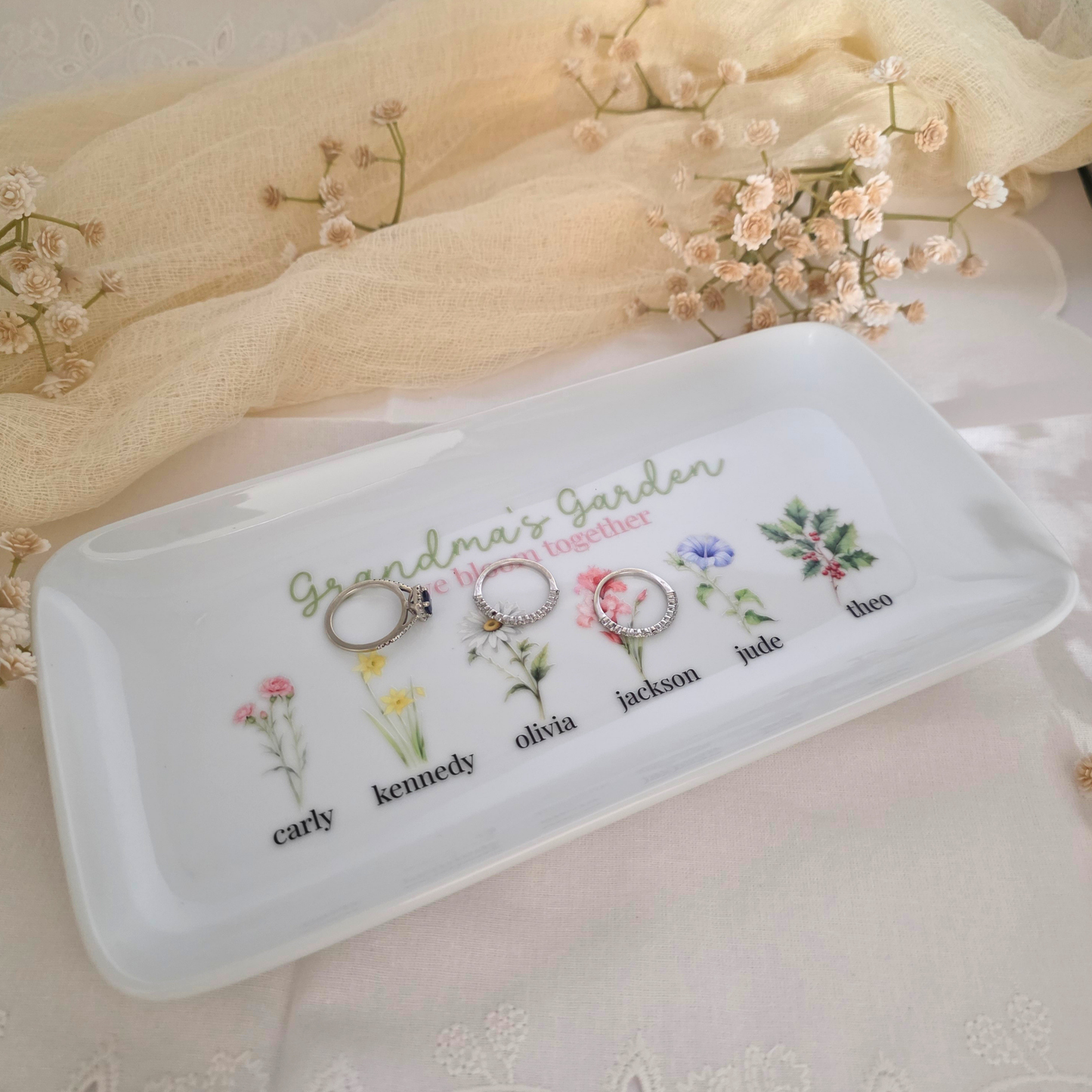 Personalized Birth Flower Tray - Custom Mother’s Day Ceramic Catch All Keepsake