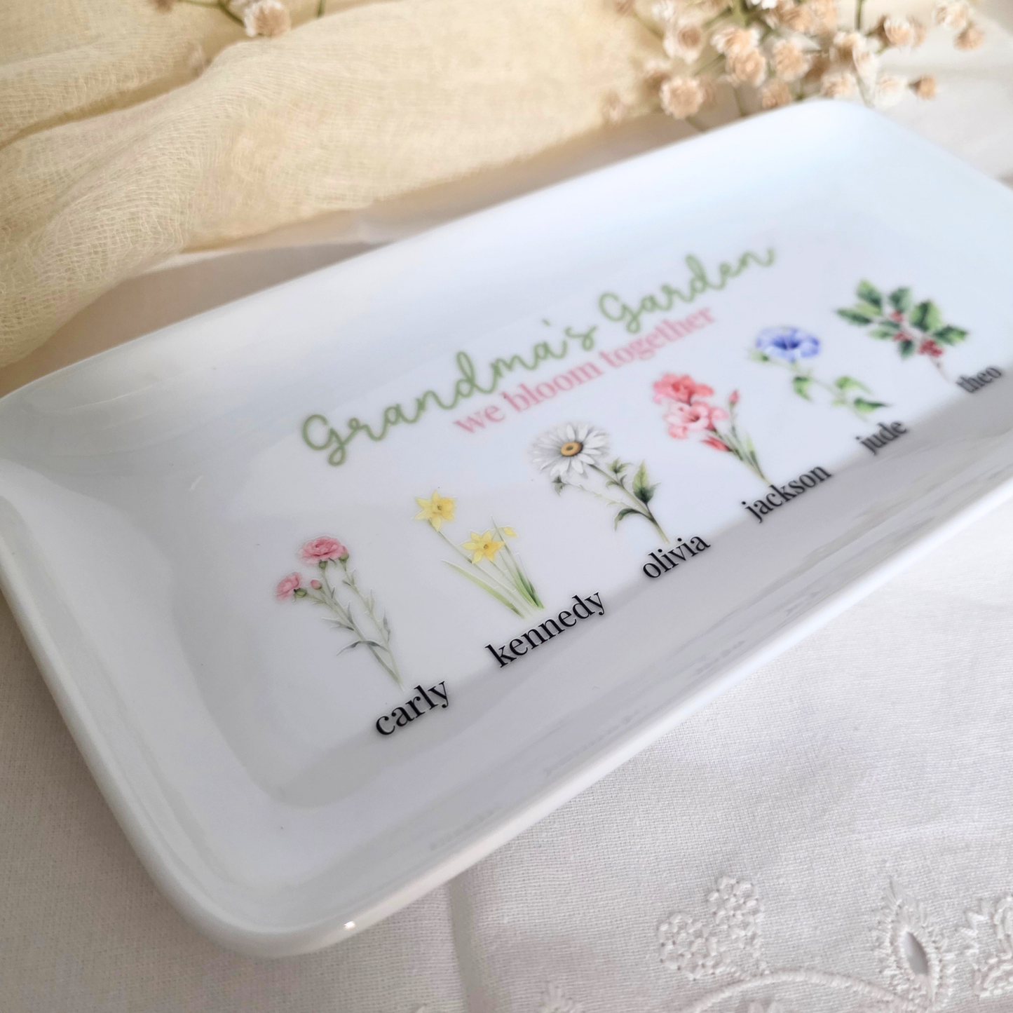 Personalized Birth Flower Tray - Custom Mother’s Day Ceramic Catch All Keepsake