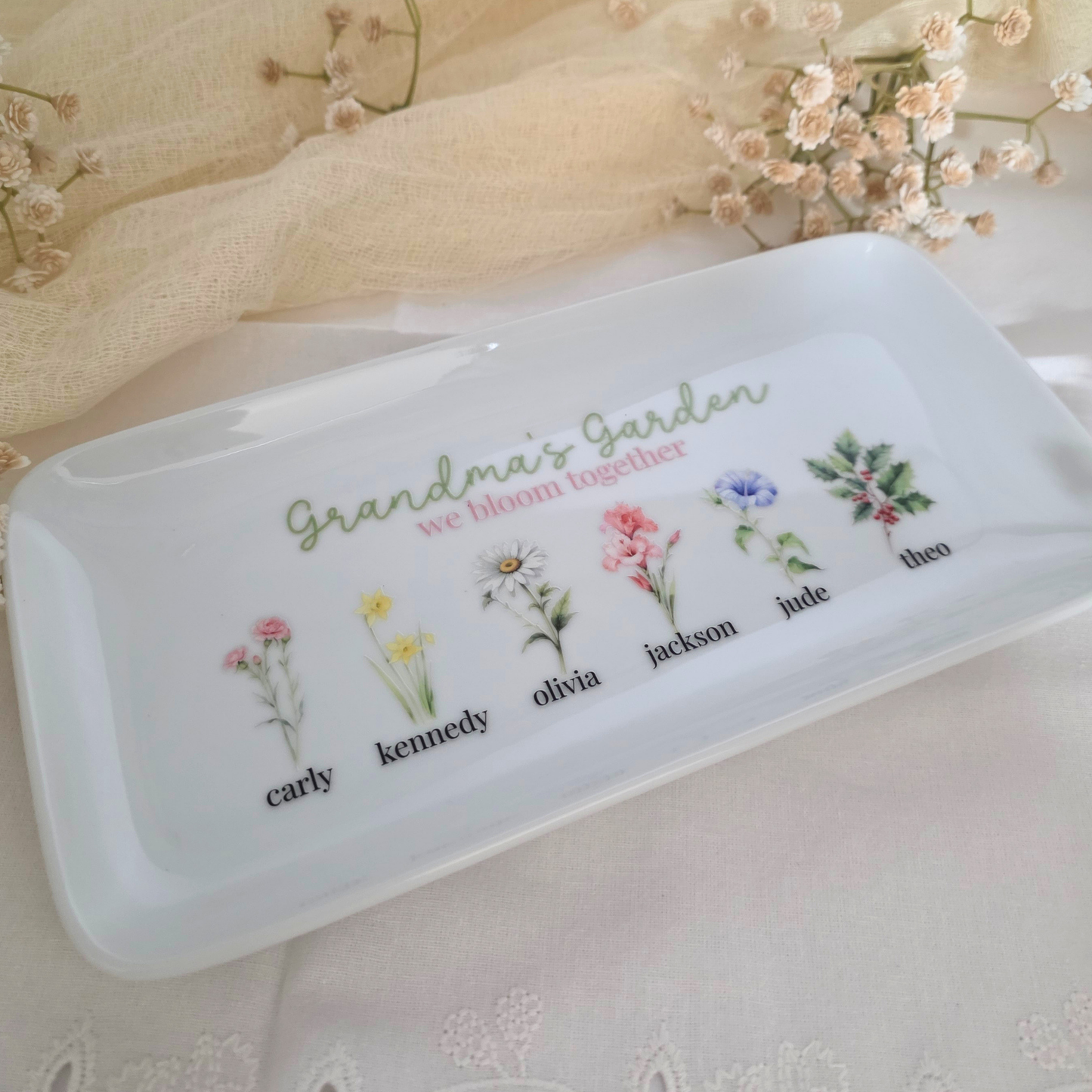 Personalized Birth Flower Tray - Custom Mother’s Day Ceramic Catch All Keepsake