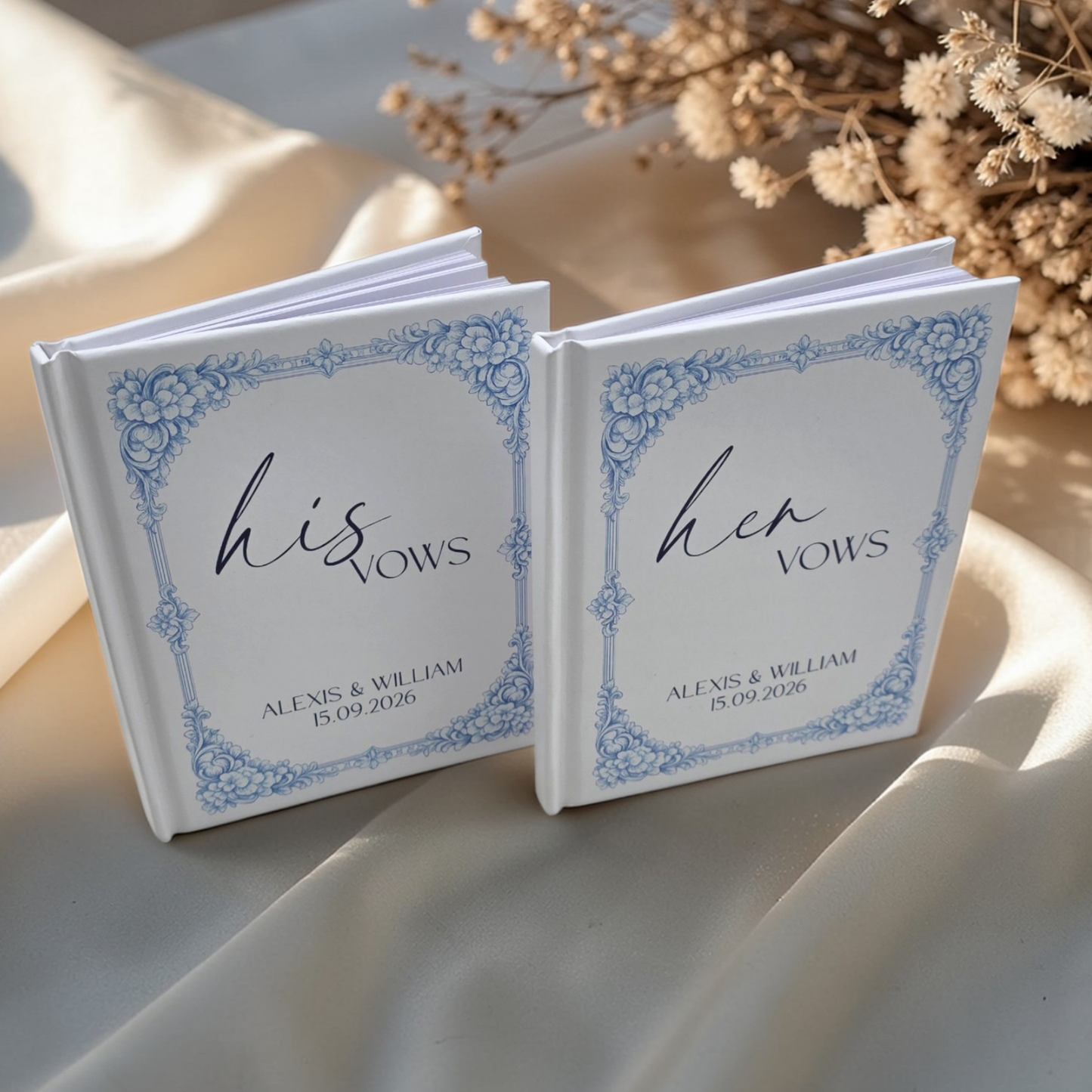 Personalized Wedding Vow Books Set of 2 - Blue Toile Hardcover His and Her Vows - Elegant Keepsake Ceremony Gift