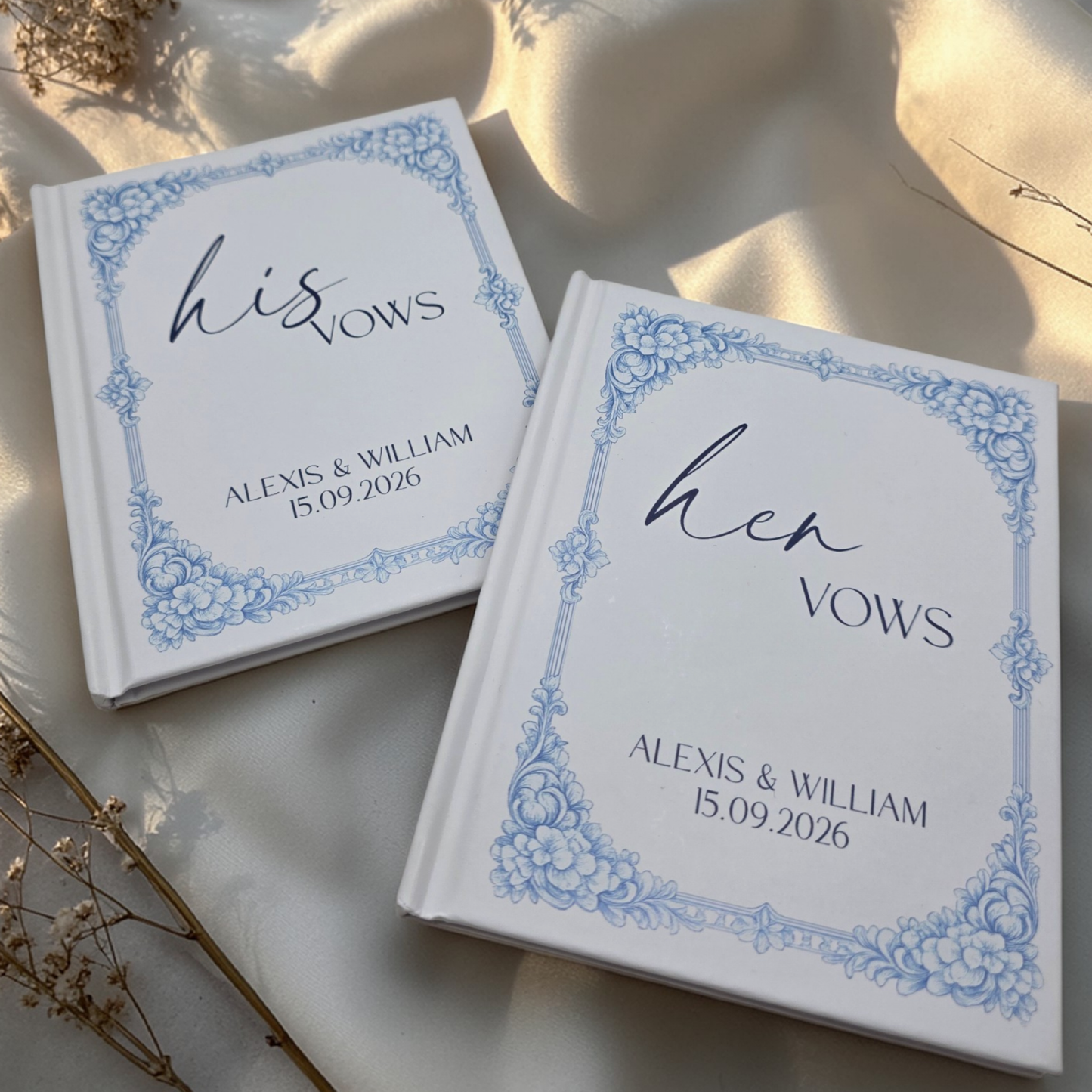 Personalized Wedding Vow Books Set of 2 - Blue Toile Hardcover His and Her Vows - Elegant Keepsake Ceremony Gift
