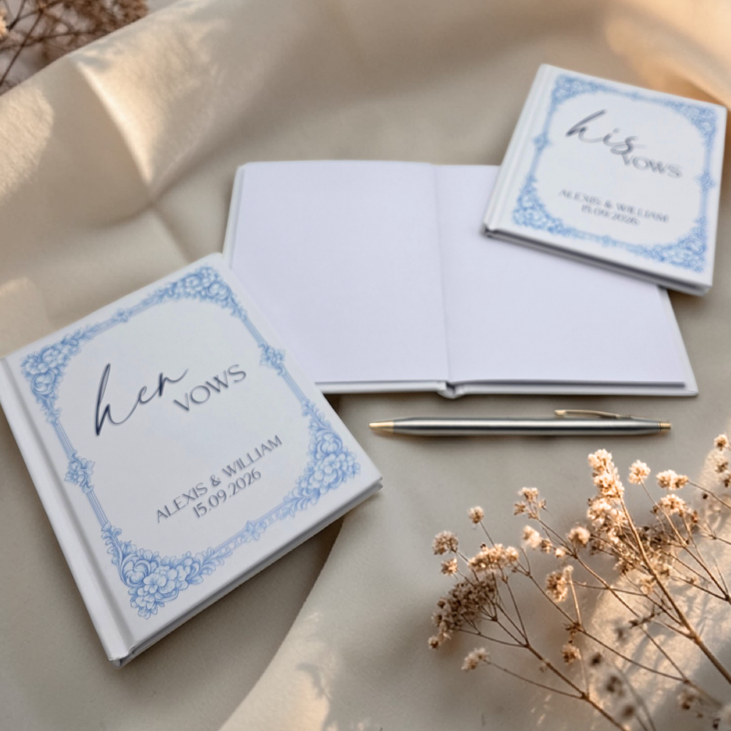Personalized Wedding Vow Books Set of 2 - Blue Toile Hardcover His and Her Vows - Elegant Keepsake Ceremony Gift