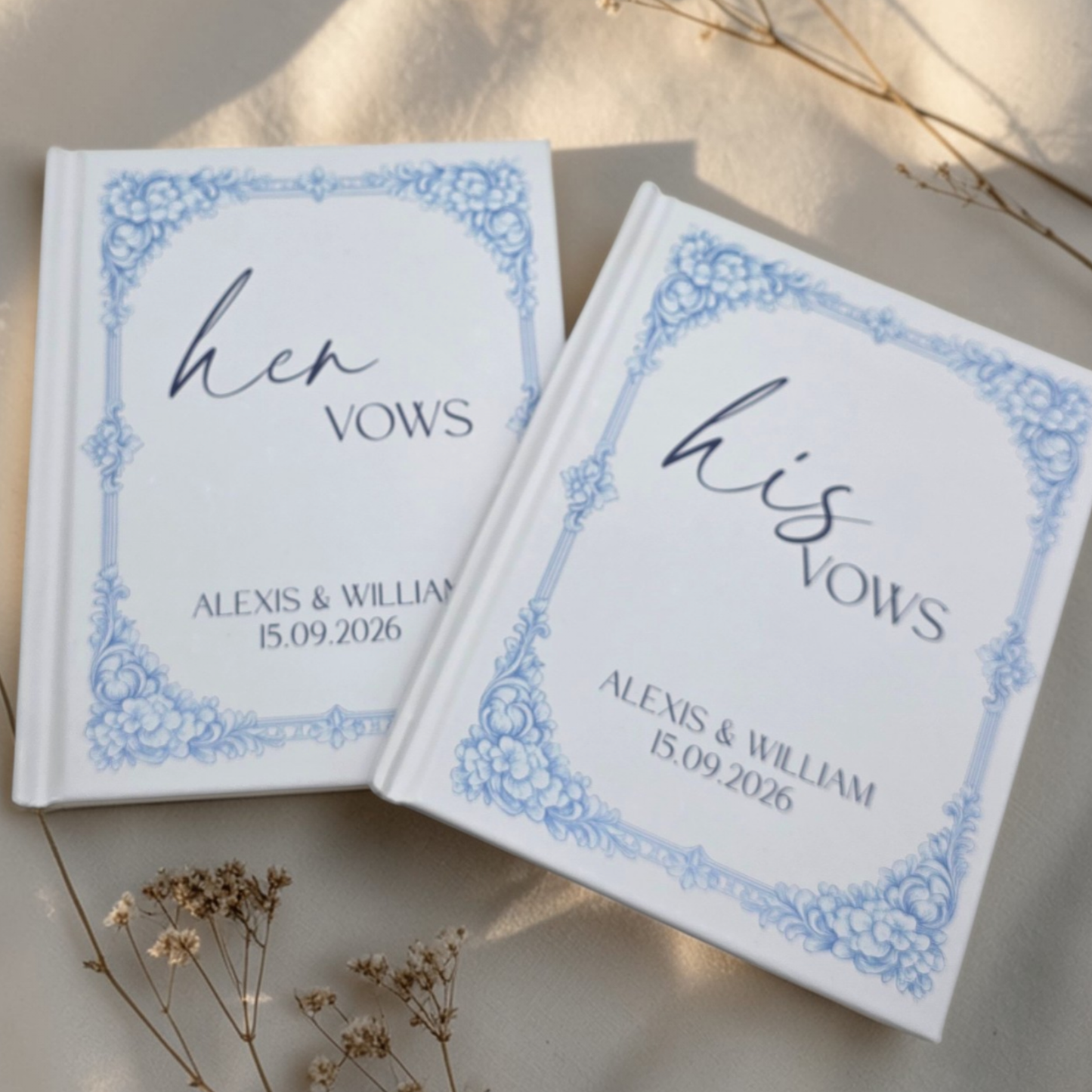 Personalized Wedding Vow Books Set of 2 - Blue Toile Hardcover His and Her Vows - Elegant Keepsake Ceremony Gift