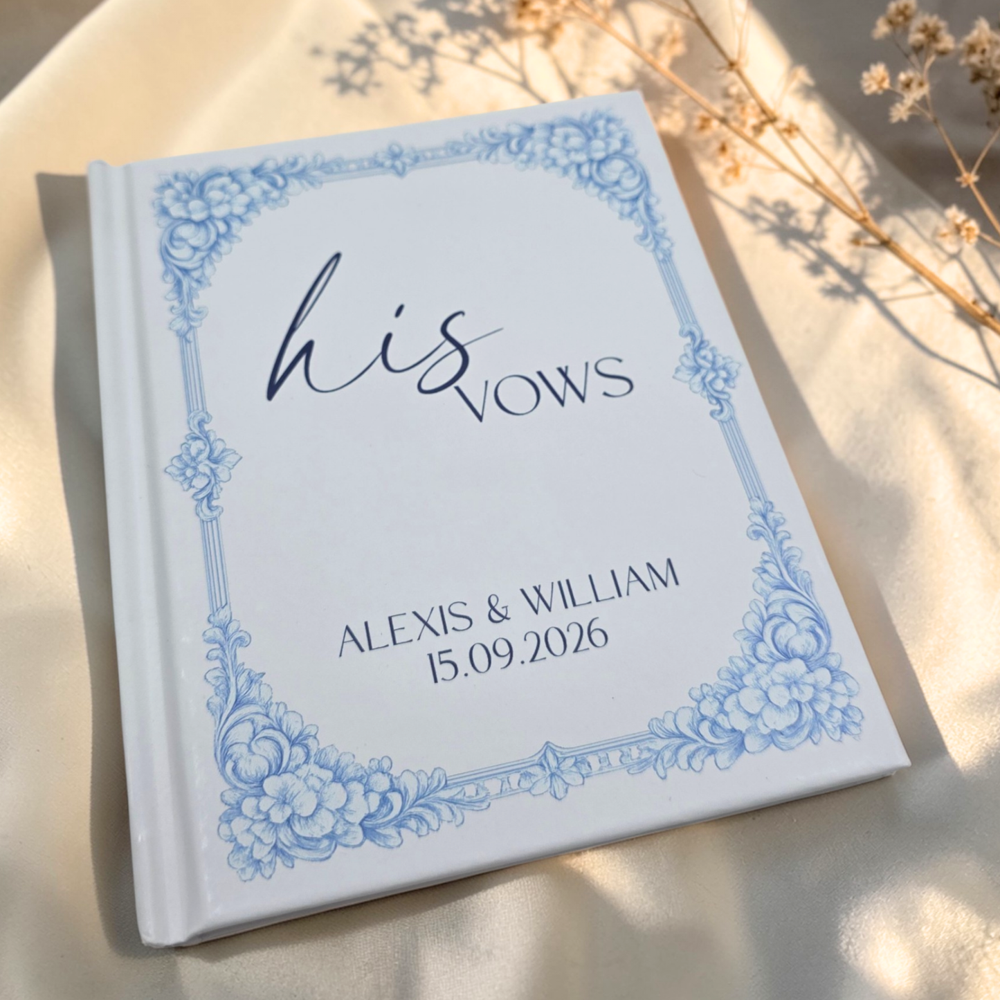 Personalized Wedding Vow Books Set of 2 - Blue Toile Hardcover His and Her Vows - Elegant Keepsake Ceremony Gift