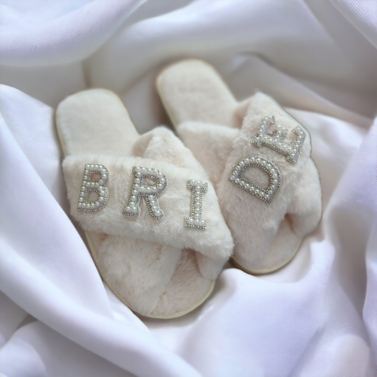 Bride Pearl & Rhinestone Fluffy Slippers