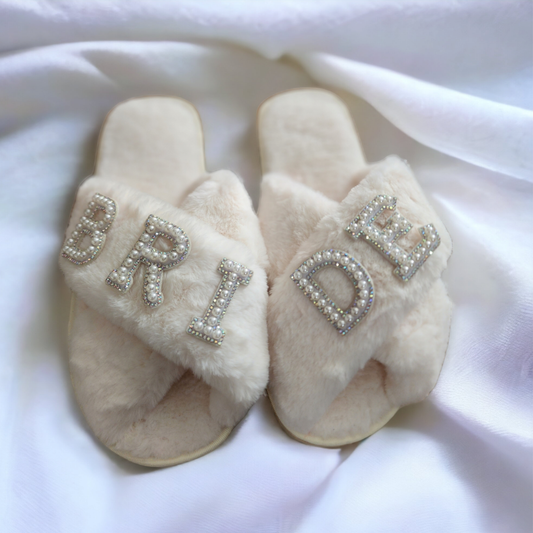 Bride Pearl & Rhinestone Fluffy Slippers