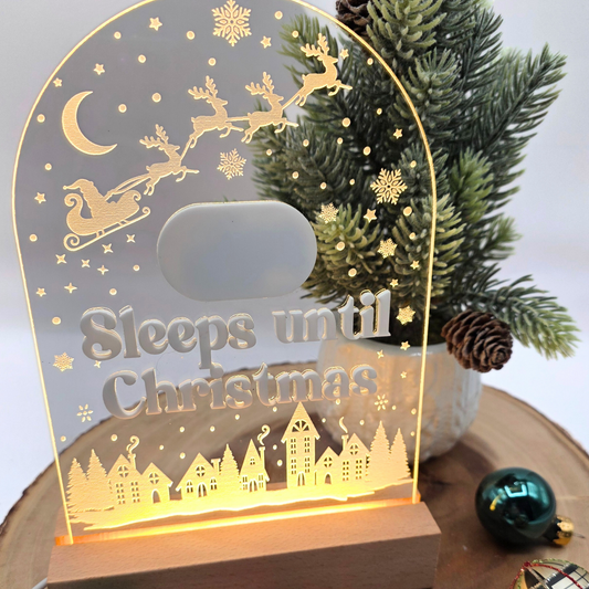 Reusable Light Up Christmas Countdown - Engraved Acrylic LED Sign with Wood Base - “Sleeps Until Christmas” Holiday Decor