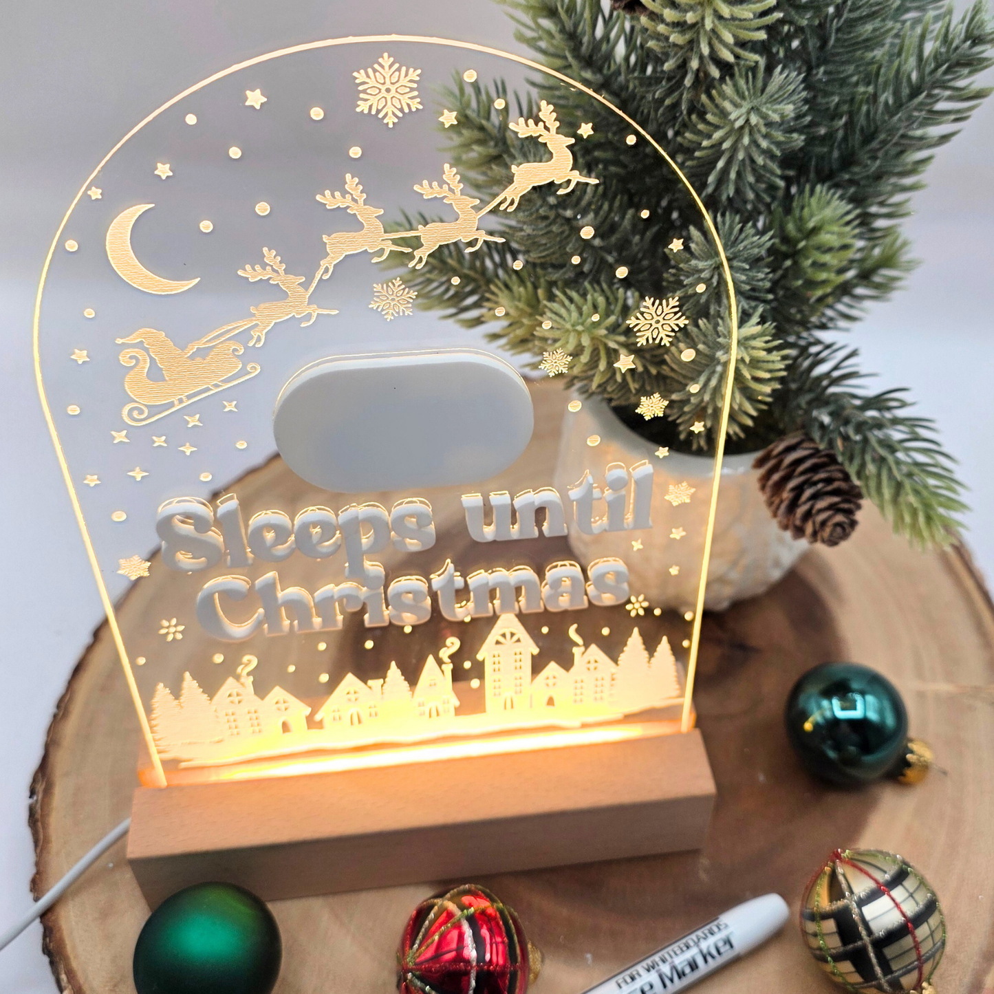 Reusable Light Up Christmas Countdown - Engraved Acrylic LED Sign with Wood Base - “Sleeps Until Christmas” Holiday Decor