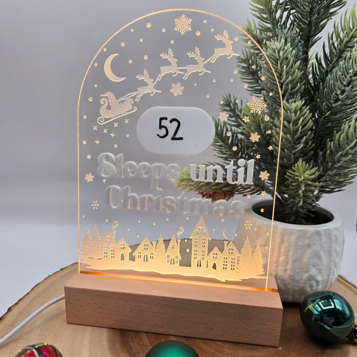 Reusable Light Up Christmas Countdown - Engraved Acrylic LED Sign with Wood Base - “Sleeps Until Christmas” Holiday Decor