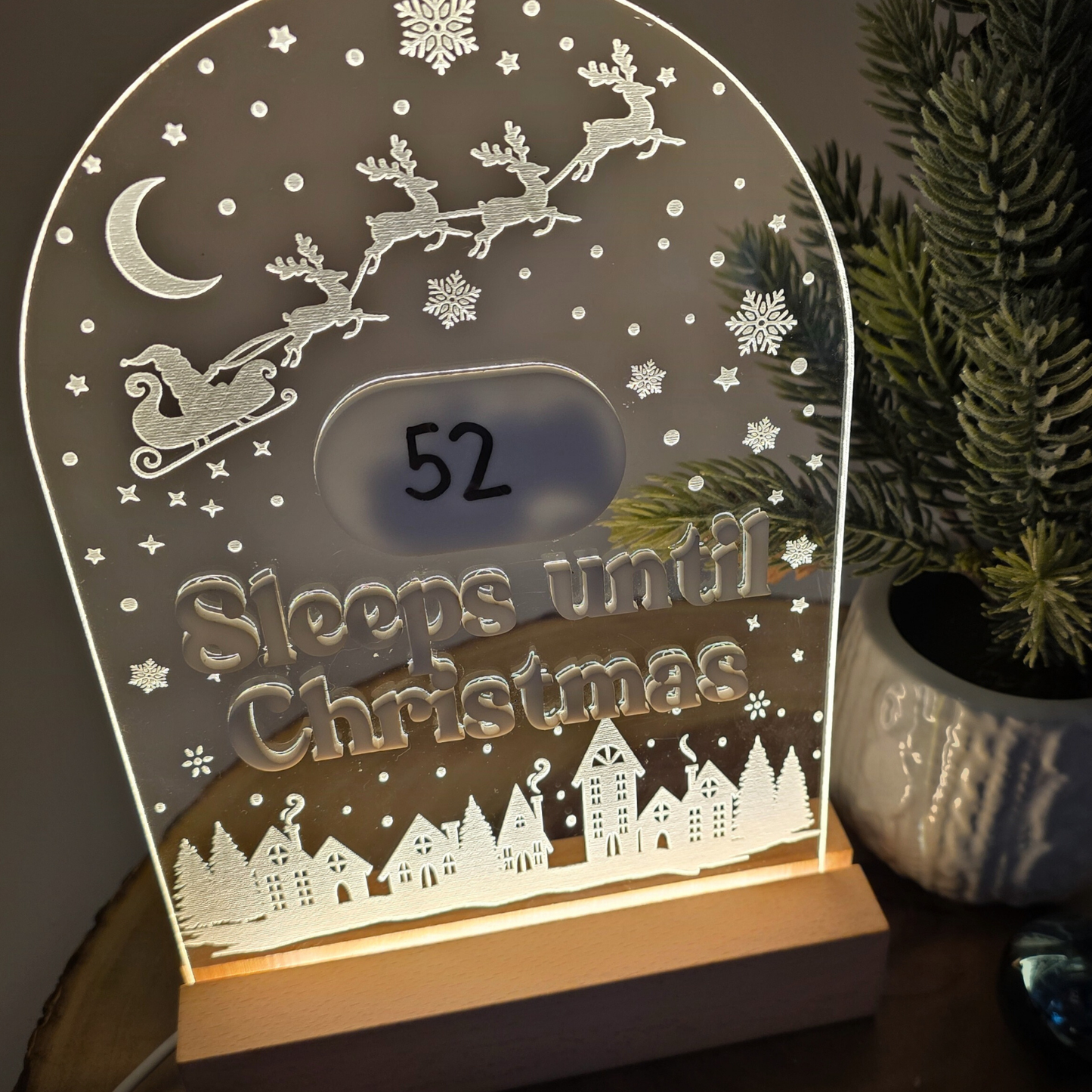 Reusable Light Up Christmas Countdown - Engraved Acrylic LED Sign with Wood Base - “Sleeps Until Christmas” Holiday Decor