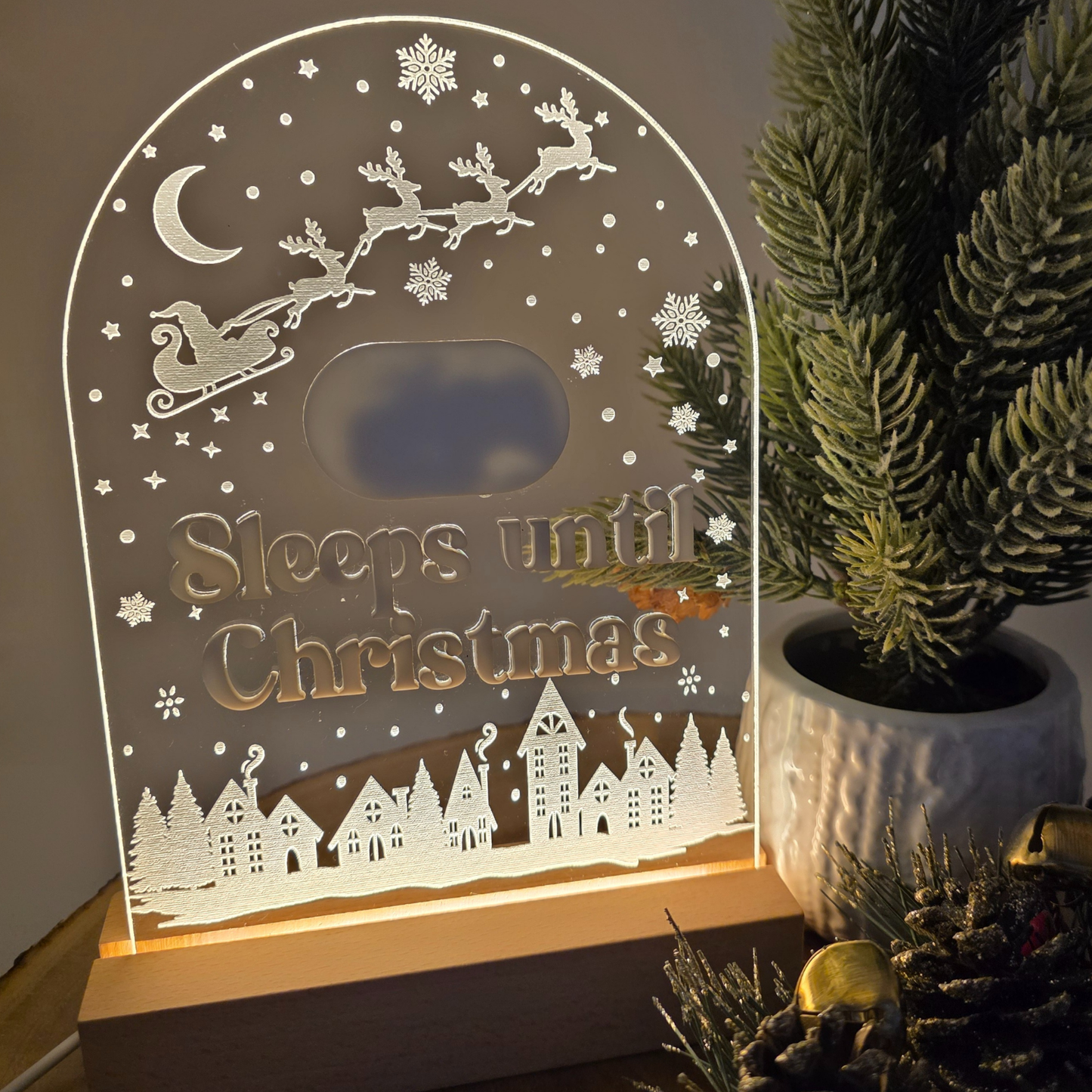Reusable Light Up Christmas Countdown - Engraved Acrylic LED Sign with Wood Base - “Sleeps Until Christmas” Holiday Decor