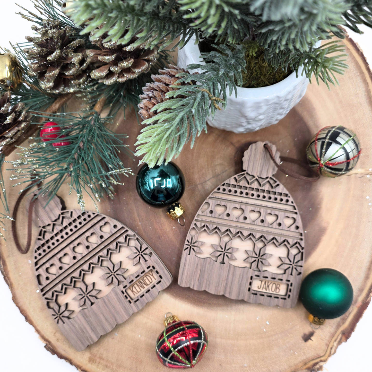 Personalized Nordic Knit Hat Ornament - Custom 2-Tone Wood Christmas Keepsake