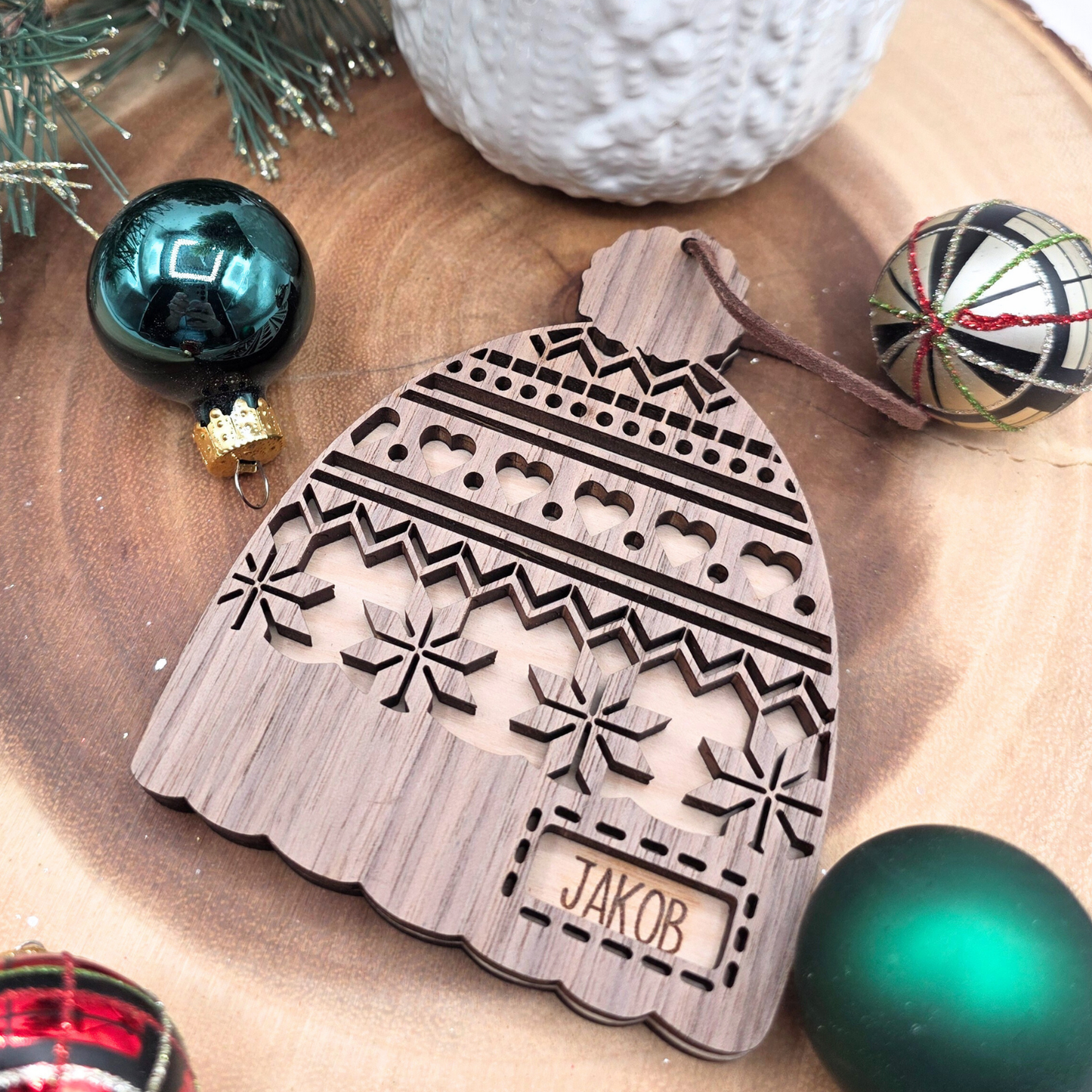 Personalized Nordic Knit Hat Ornament - Custom 2-Tone Wood Christmas Keepsake