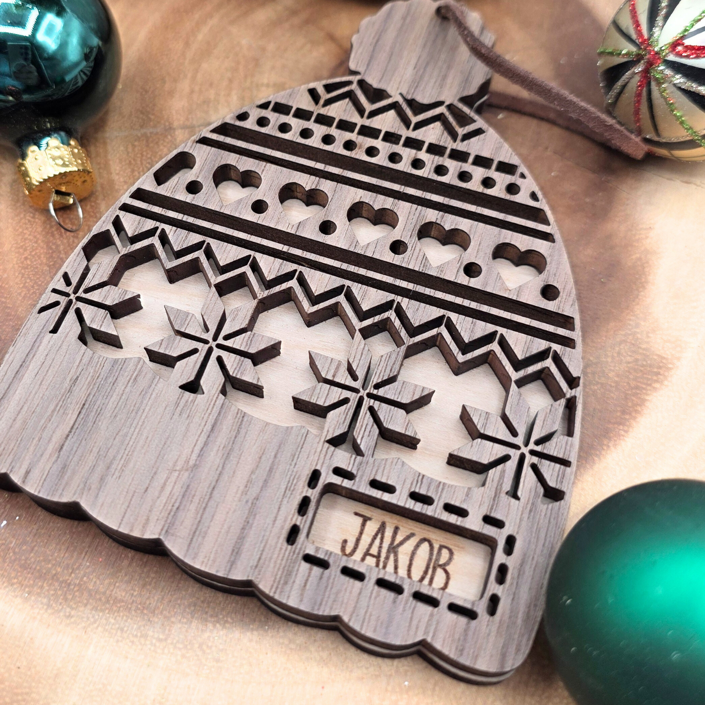 Personalized Nordic Knit Hat Ornament - Custom 2-Tone Wood Christmas Keepsake