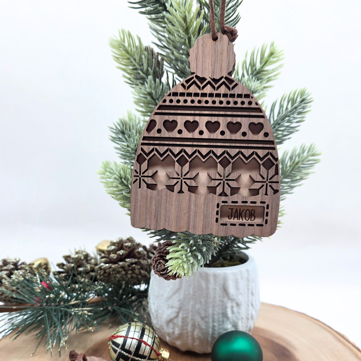 Personalized Nordic Knit Hat Ornament - Custom 2-Tone Wood Christmas Keepsake