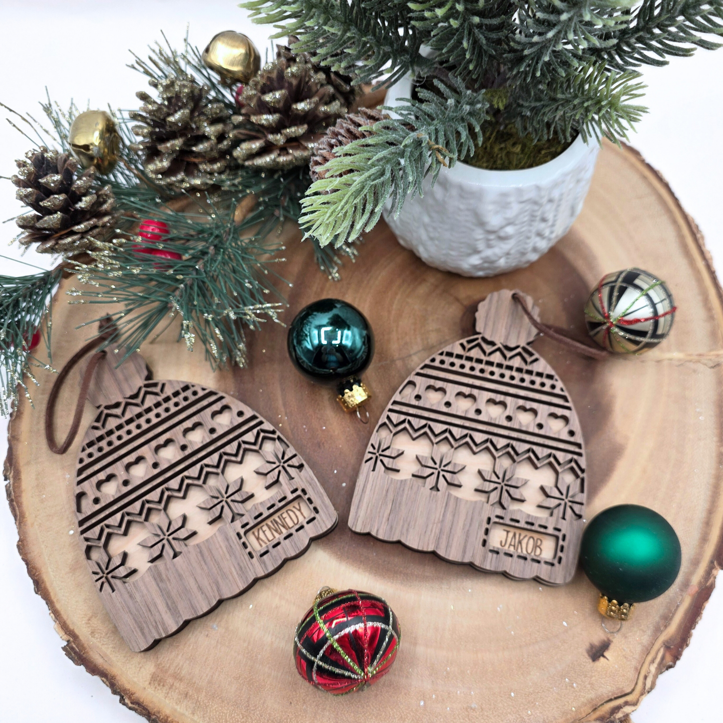 Personalized Nordic Knit Hat Ornament - Custom 2-Tone Wood Christmas Keepsake