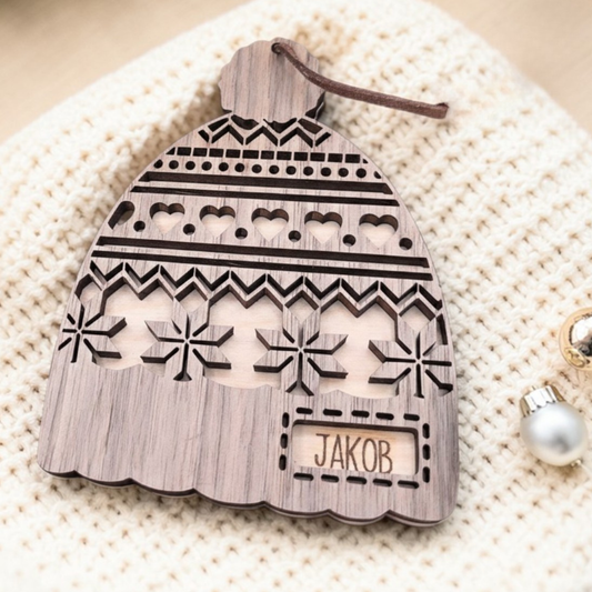 Personalized Scandinavian Wooden Knit Hat Ornament - Custom Name Sweater Hat Tree Decoration