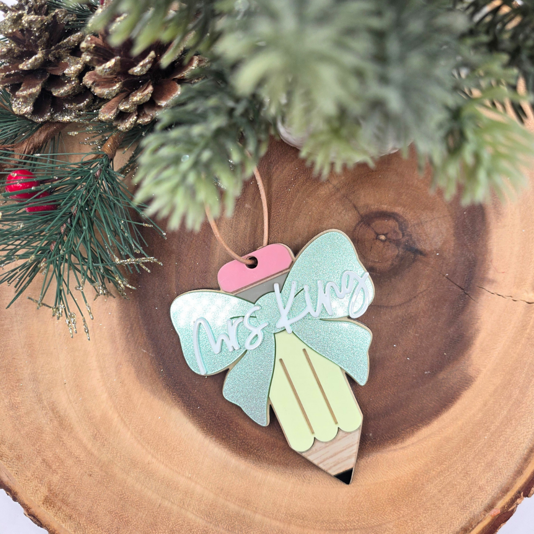Personalized Teacher Ornament - Custom Name Pencil Ornament with Bow - Teacher Christmas Gift