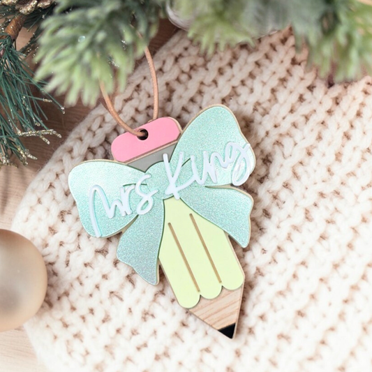 Personalized Coquette Pencil Ornament Keepsake -  Custom Teacher Gift