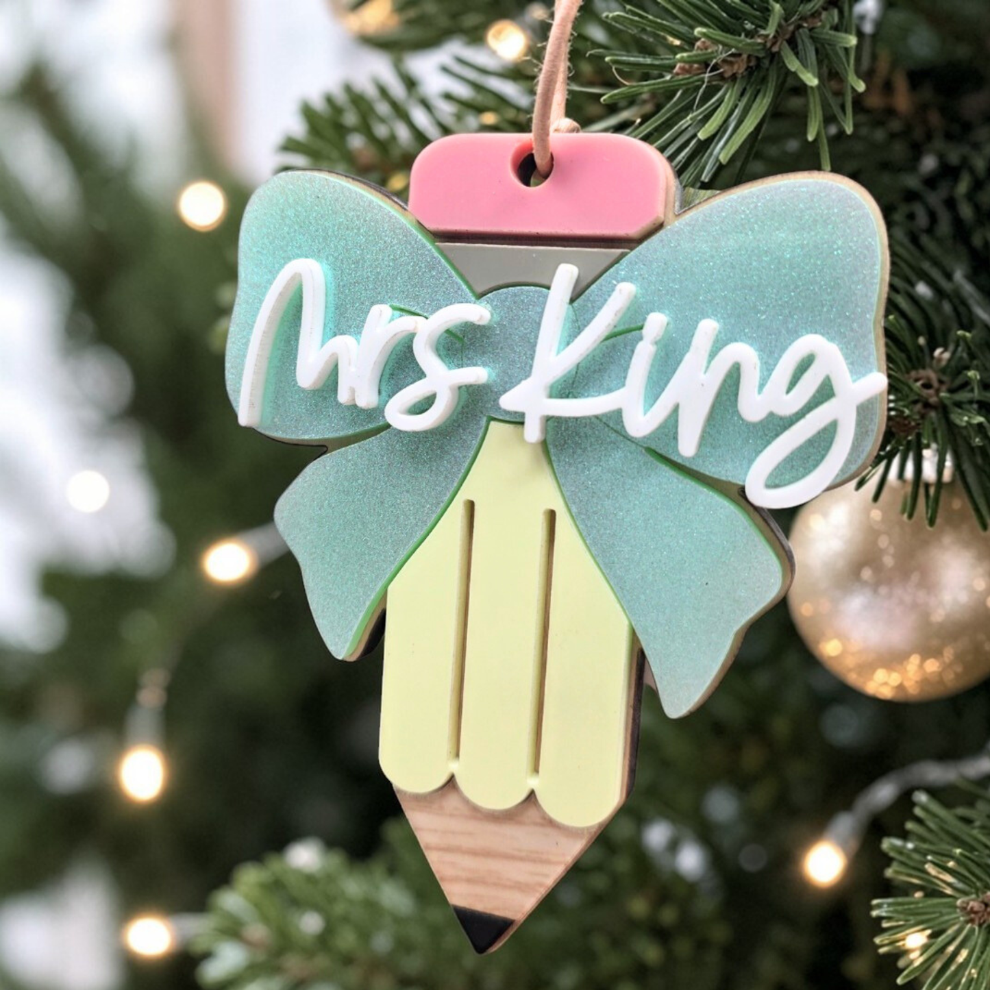 Personalized Coquette Pencil Ornament Keepsake -  Custom Teacher Gift