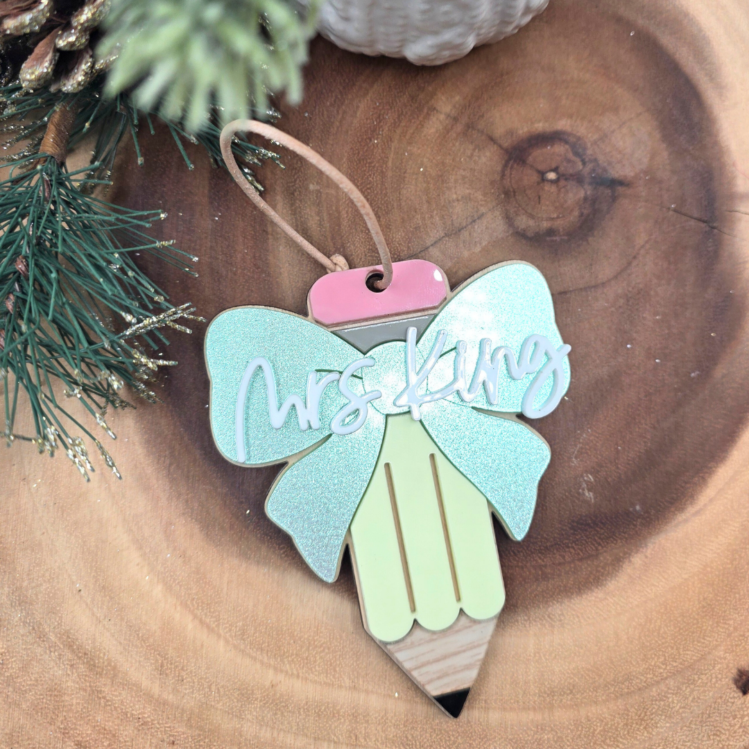 Personalized Teacher Ornament - Custom Name Pencil Ornament with Bow - Teacher Christmas Gift