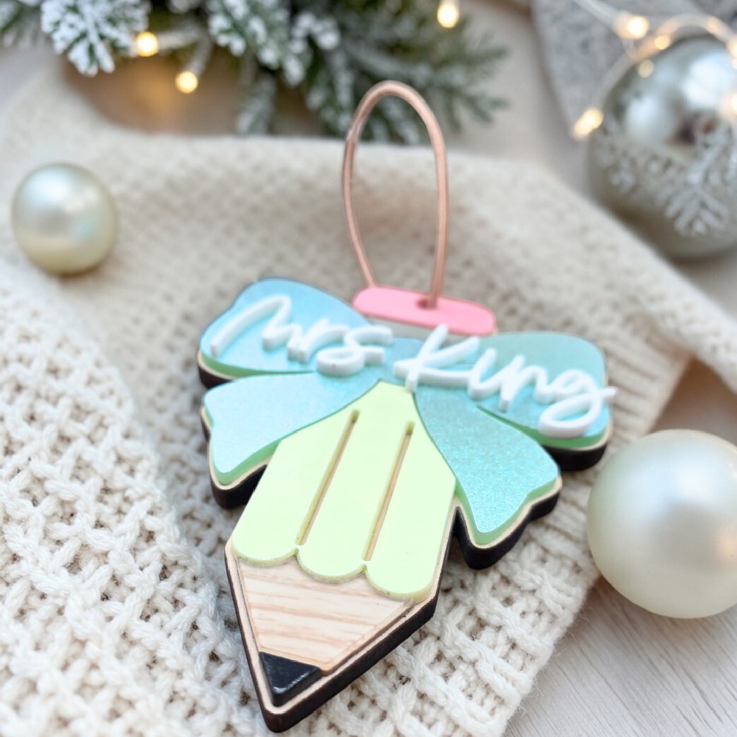 Personalized Coquette Pencil Ornament Keepsake -  Custom Teacher Gift
