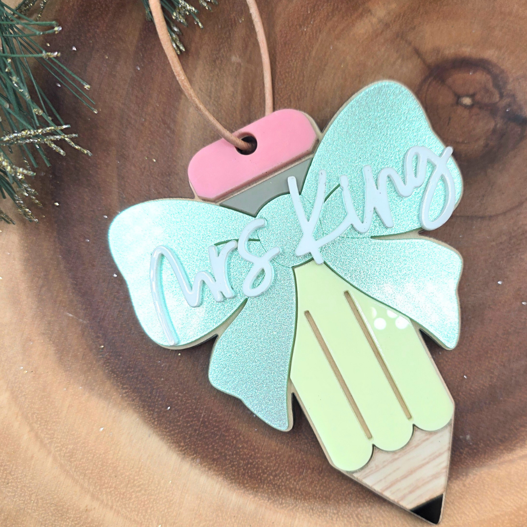 Personalized Teacher Ornament - Custom Name Pencil Ornament with Bow - Teacher Christmas Gift