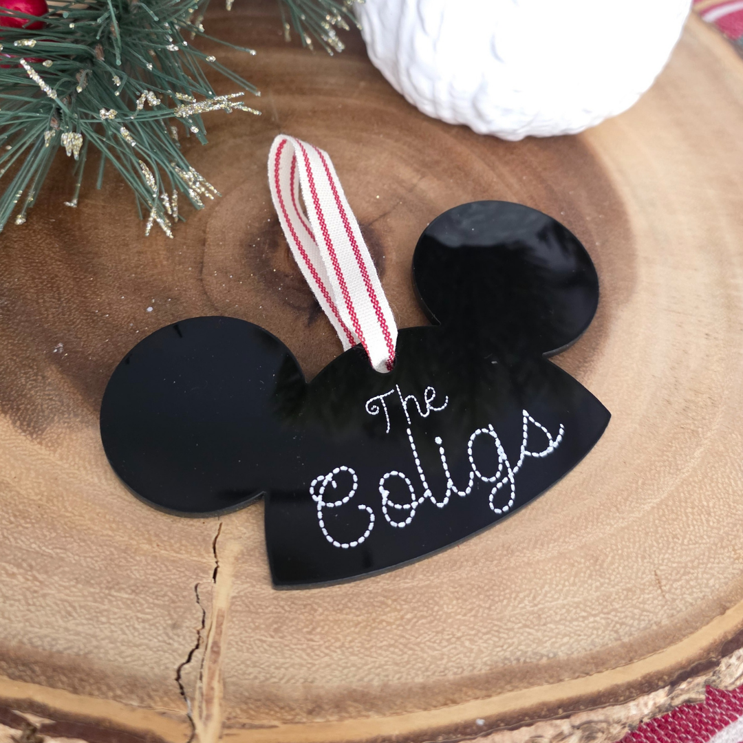 Custom Mouseketeer-Inspired Acrylic Hat Ornament - Personalized Family Name Keepsake