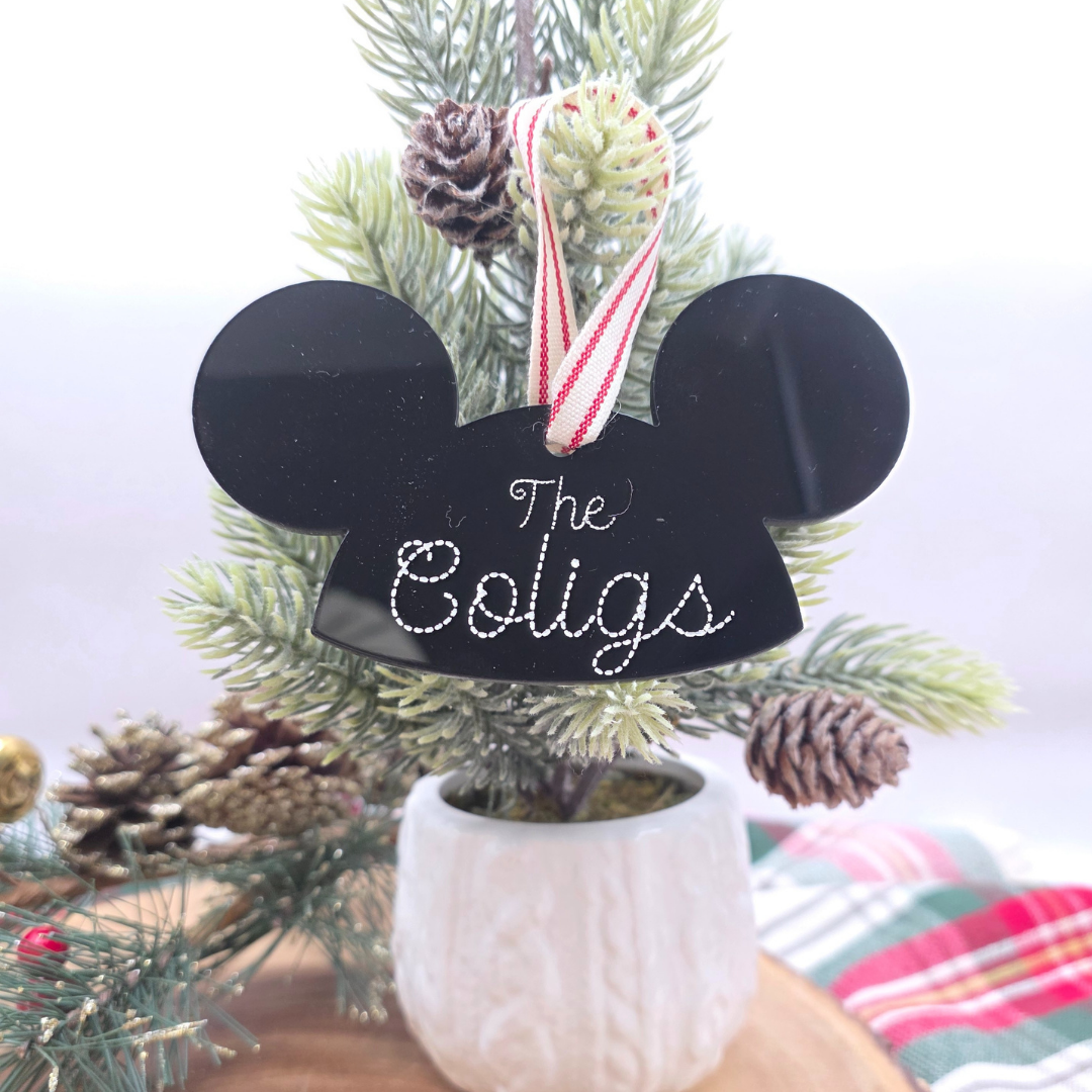 Custom Mouseketeer-Inspired Acrylic Hat Ornament - Personalized Family Name Keepsake