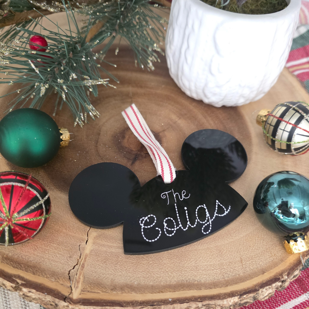 Custom Mouseketeer-Inspired Acrylic Hat Ornament - Personalized Family Name Keepsake