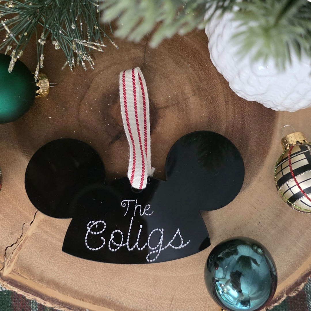Custom Mouseketeer-Inspired Acrylic Hat Ornament - Personalized Family Name Keepsake