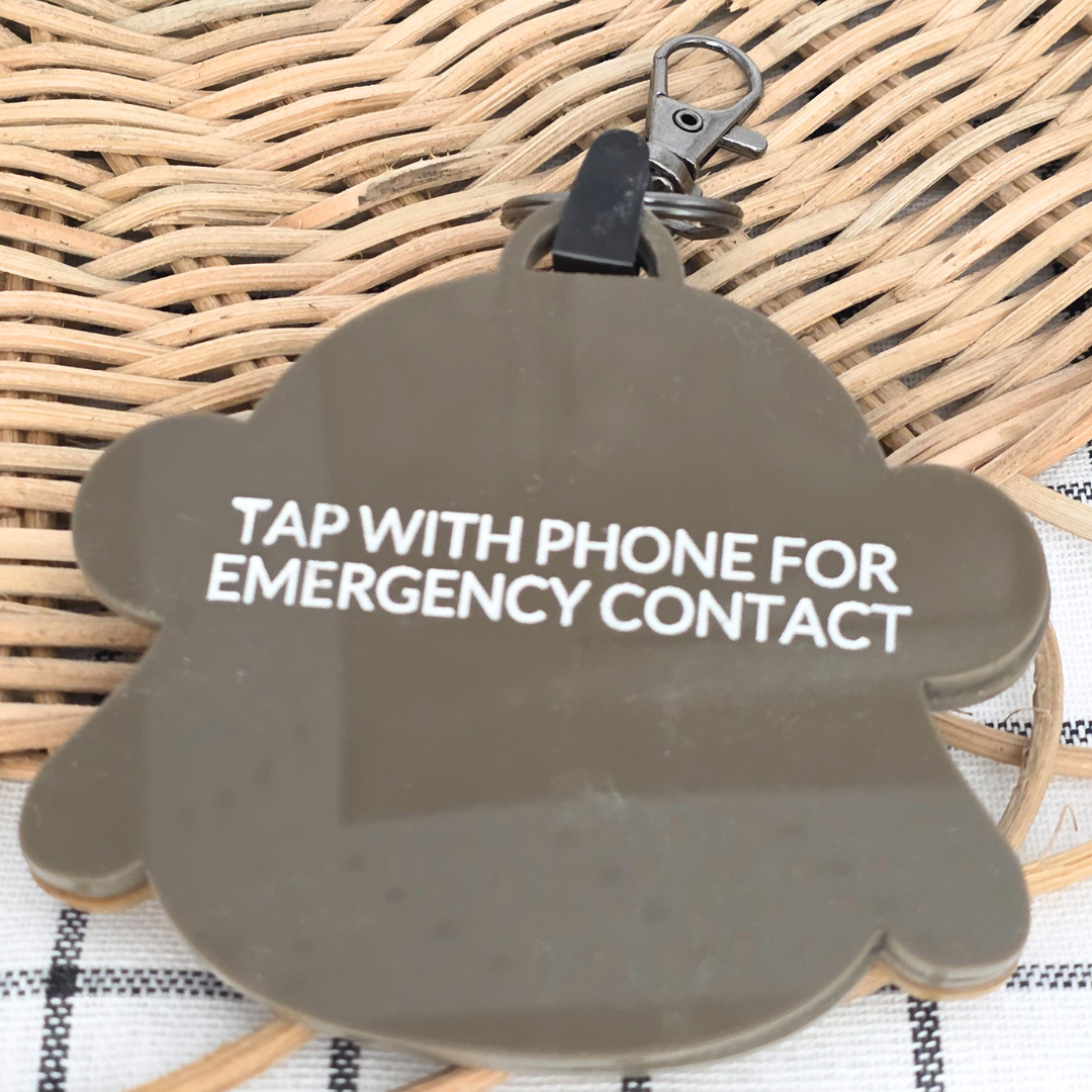 Custom Acrylic NFC Bear Bag Safety Keyring  - Emergency Contact Backpack Tag