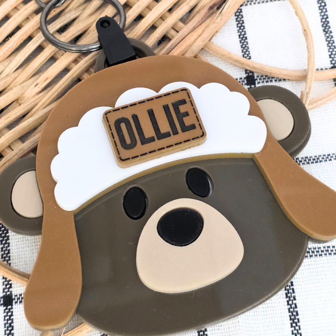 Custom Acrylic NFC Bear Bag Safety Keyring  - Emergency Contact Backpack Tag