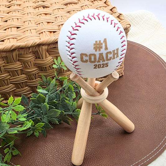 Custom Engraved Baseball - Personalized with Name or Jersey Number - Coach or Team Gift - Red Stitch Varsity Font - Optional Stand