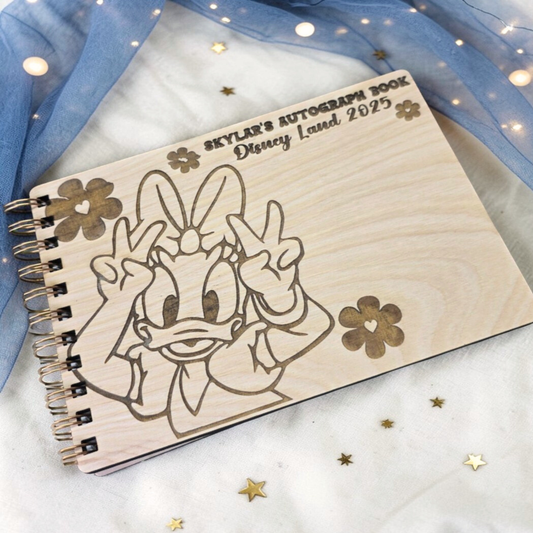 Custom Engraved Floral Duck Wood Autograph Book - Personalized Travel Keepsake Journal