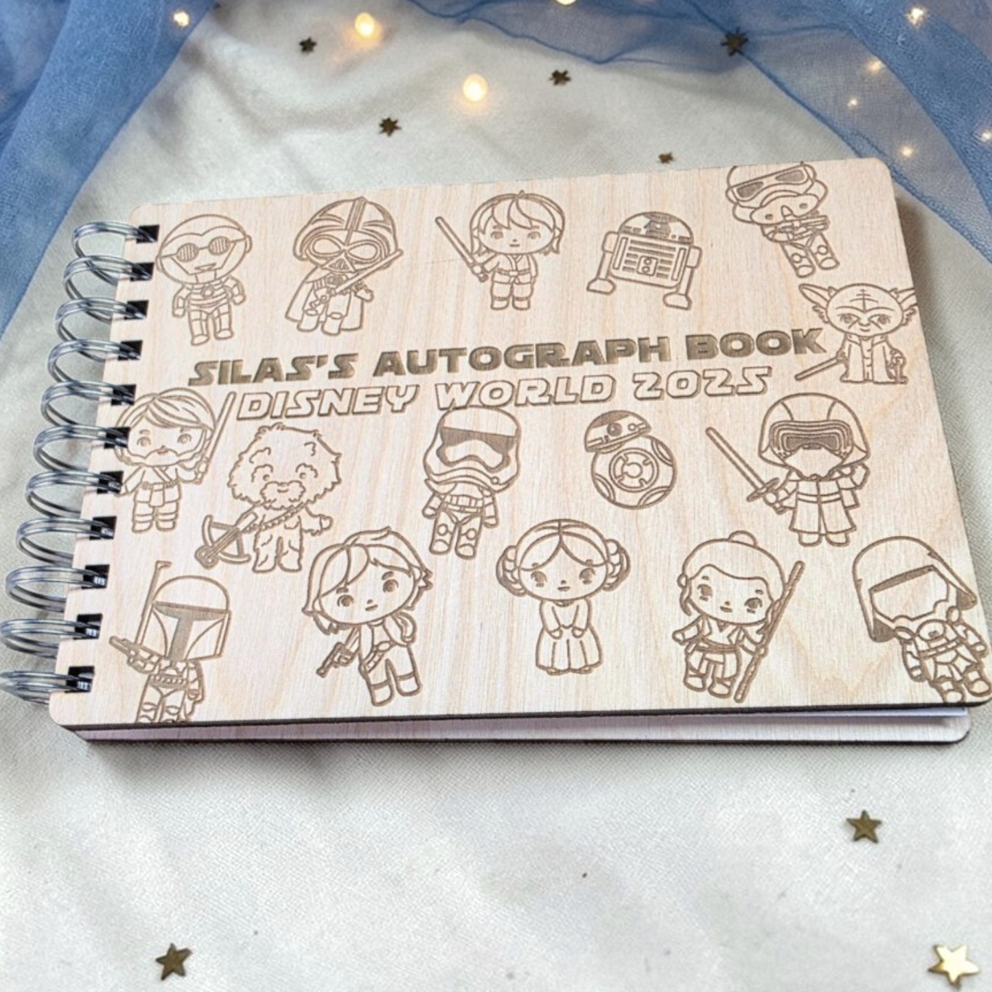Custom Engraved Space Adventure Wood Autograph Book- Personalized Travel Keepsake Journal