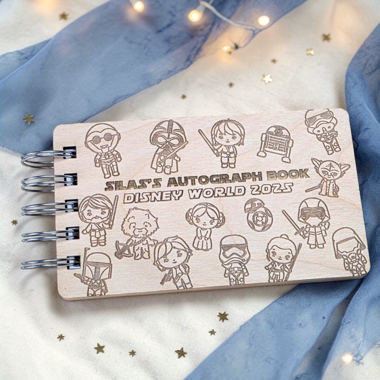 Custom Engraved Space Adventure Wood Autograph Book- Personalized Travel Keepsake Journal