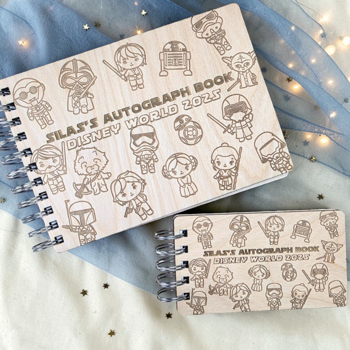 Custom Engraved Space Adventure Wood Autograph Book- Personalized Travel Keepsake Journal