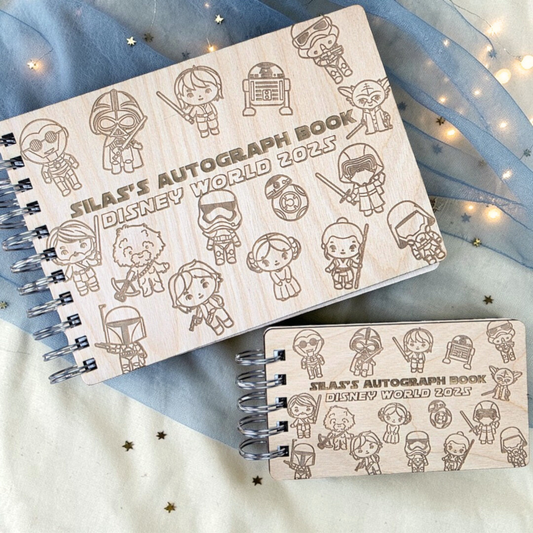 Custom Engraved Space Adventure Wood Autograph Book- Personalized Travel Keepsake Journal
